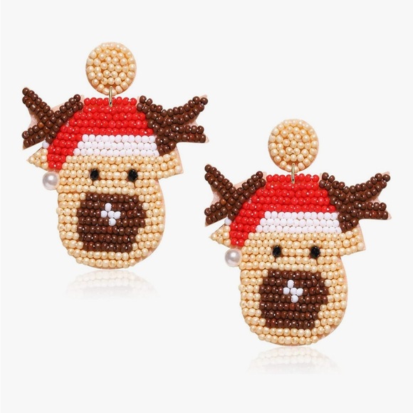 Betsey Johnson Handcrafted Christmas Reindeer Beaded Dangle Drop Earrings - Picture 1 of 9